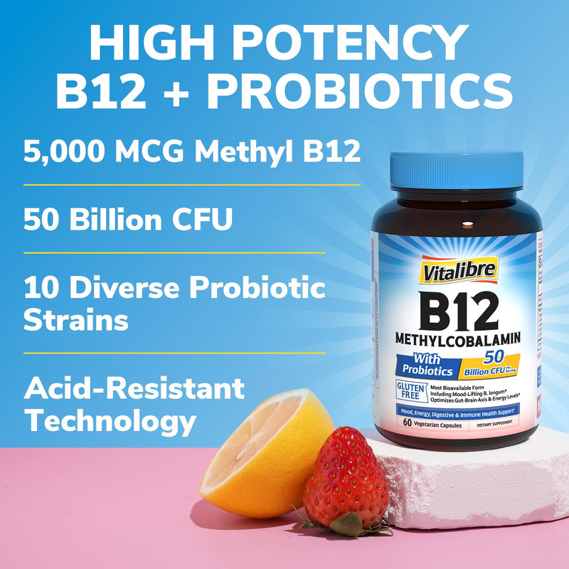 Vitalibre B12, 5000 mcg Methylcobalamin, with Probiotics 50 Billion CFU, 10 Strains, Mood, Energy, Digestive, Immune Health Support, Non-GMO, 60 Vegetarian Capsules