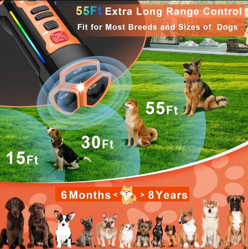 TFS-PRO Ultrasonic Dog Bark Deterrent Device, 3-in-1 Dog Training Tool with Adjustable Frequency 20-30kHz, 55ft Range, LED Flash & Sound Mode, Handheld Anti Bark Trainer for Small Medium Large Dogs