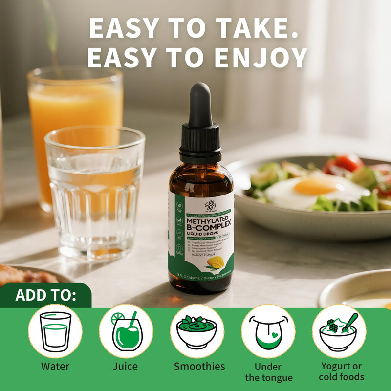 Methylated B Complex Liquid Drops for Energy & Focus Support, 2 Fl Oz | Active B Vitamins with L-5-MTHF Folate, Methylcobalamin B12 & B6, Vegan Mango Flavor 2 Fl Oz (Pack of 1)