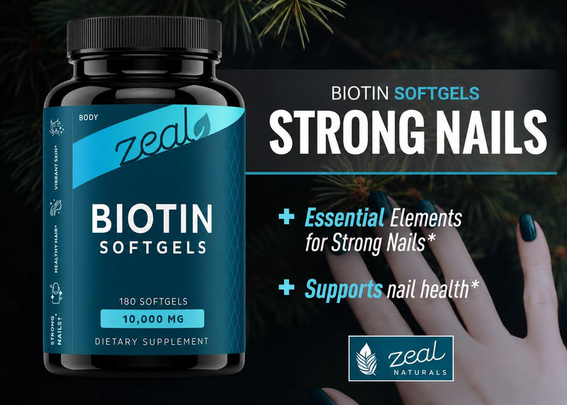 Zeal Biotin 10000mcg Oil Softgels | Hair, Skin and Nail Growth Vitamins | Vitamin Biotin Supplement | 6 mo Supply - 180 Gel Capsules
