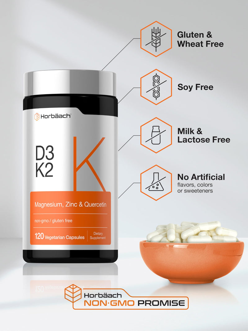 Horbäach Vitamin D3 K2 | 5000 IU D3 | 120 Capsules | With Magnesium, Zinc, & Quercetin | Vegetarian, Non-GMO, Gluten Free Supplement