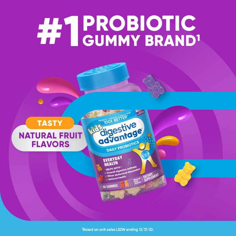 Digestive Advantage Daily Kids Probiotics - 2X 80ct Fruit Flavor Gummies natural fruit flavours 80 Count (Pack of 2)