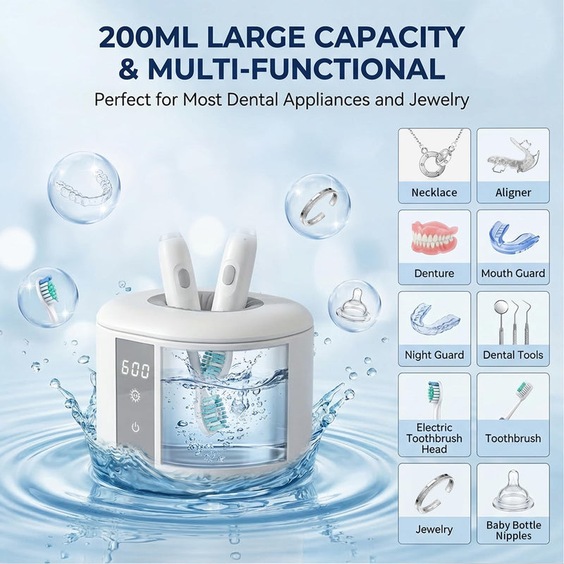 Dental Ultrasonic Retainer Cleaner Machine, 45kHz Ultrasonic Denture Cleaner with 200ML Capacity & 4 Modes for Dentures, Retainers, Mouth Guard, Toothbrush Heads, Jewelry-White White - BeesActive Australia