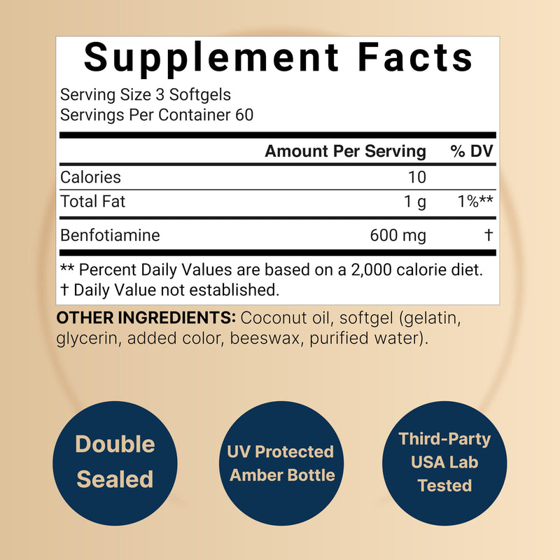 NatureBell Benfotiamine 600mg per Serving,180 Coconut Oil Softgels | Fat-Soluble Vitamin B1 for Men & Women, Converted to Active Thiamine | Non-GMO, cGMP Manufactured