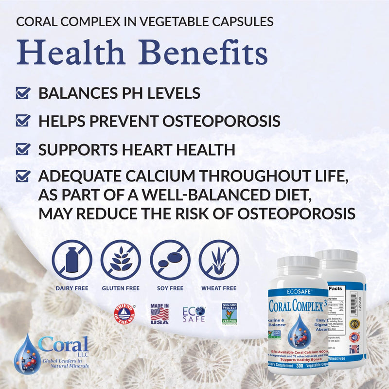 Coral Complex 3 Calcium Supplement Vitamin D3 & Magnesium – 900 mg Bioavailable Coral Calcium for Bone Strength, Joint Support & pH Balance – Trace Minerals, Non-GMO, 300 Veg Capsules 300 Count (Pack of 1)