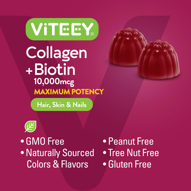 Viteey Collagen Gummies with Biotin Gummies | for Hair Skin and Nails Vitamins - Biotin and Collagen Supplements for Women & Men - Gluten-Free - 120 Count 60 Count (Pack of 2)