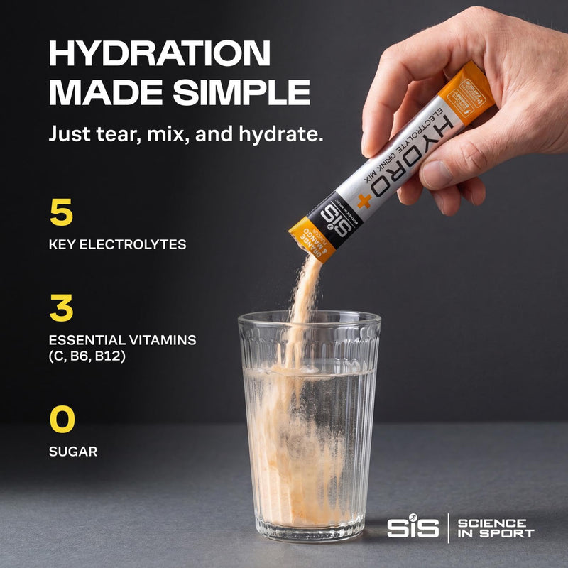 SiS Hydro+ - Scientifically-Formulated Electrolyte Drink Mix - Hydration Powder with Five Key Electrolytes - Vitamin C, Vitamin B6 & B12 - Single-Serve Satchets - Orange & Mango Flavor - 20 Count