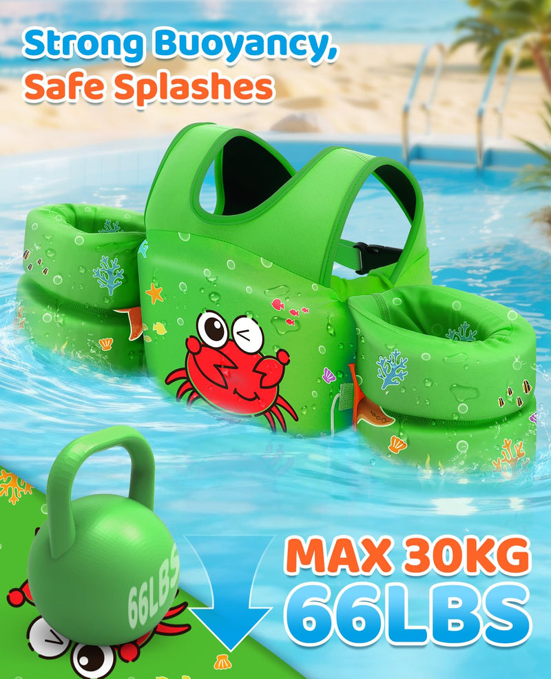 HeySplash Swim Vest for Kids, Toddler Pool Floaties Fit 33-66 Lbs, Children Swimming Vest with Adjustable Strap, Swim Jacket Water Wing Arm Float, Puddle Beach Boat Jumper Boy Girl, Green Crab Y-33-66lbs Green - BeesActive Australia