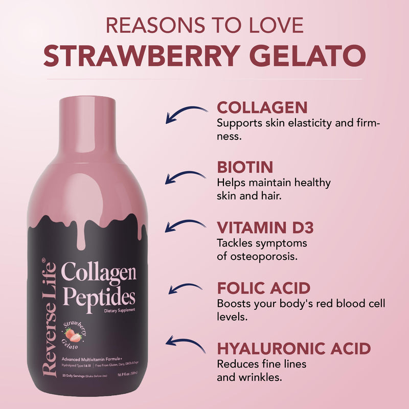 Reverse Life Strawberry Gelato Collagen 500ml, Skin, Hair & Nails | Skin, Hair & Nails Support for Women & Men, Bovine Collagen with Biotin, Vitamin D3, Folic Acid & Hyaluronic Acid