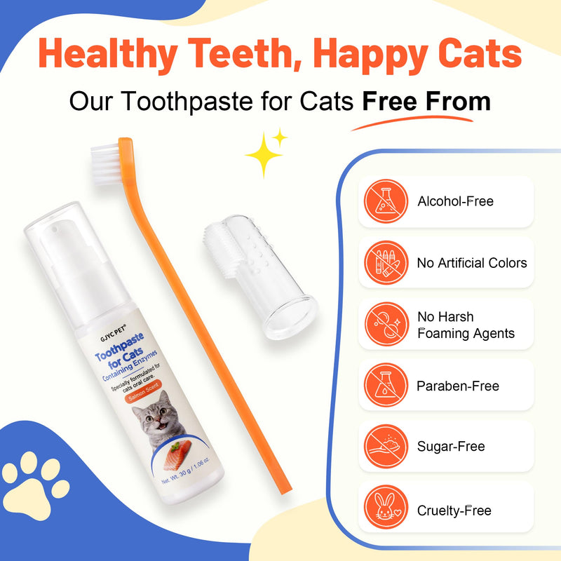 Cat Toothbrush and Toothpaste Kit - Salmon Flavor Enzymatic Cat Toothpaste for Plaque & Tartar Control - Includes a Long Handle Brush & a Soft Silicone Finger Brush for Felines, 1.06 oz