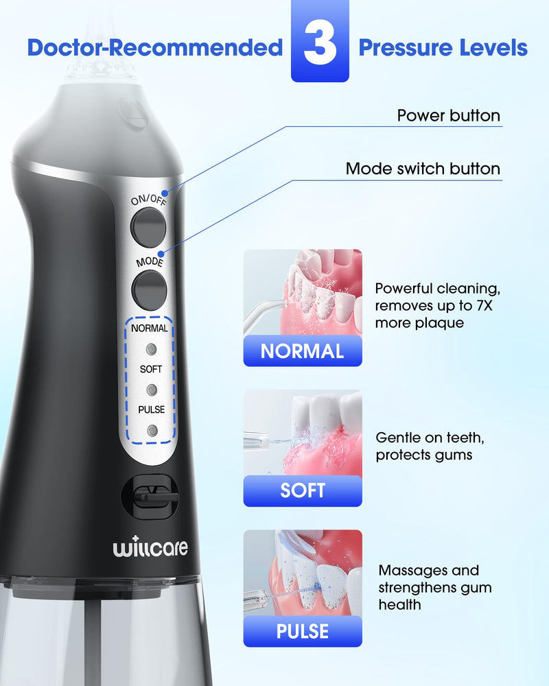Water Dental Flosser, Portable Oral Irrigator with 300ML Water Tank, IPX7 Waterproof, Rechargeable, 4 Modes for Deep Teeth Cleaning, Travel-Friendly (Black) Black - BeesActive Australia