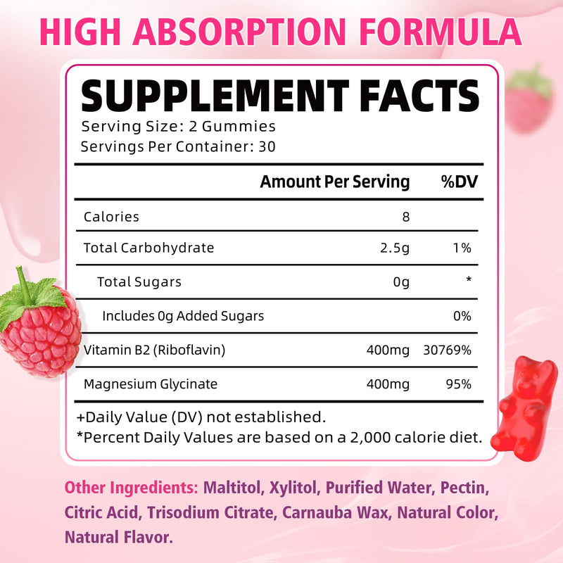Vitamin B2 Gummies 400mg | Riboflavin Supplement with Magnesium for Kids & Adults, B2 Gummies for Migraine Relief, Nervous System & Skin Health, Vegan, Sugar-Free, Raspberry Flavor, 60 Count 60 Count (Pack of 1)