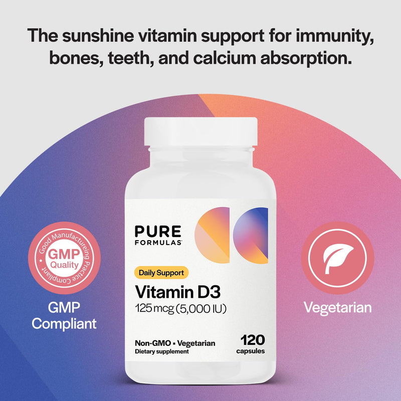 PureFormulas Vitamin D3 5,000 IU 125 mcg - Pure Vitamin D Supplement for Healthy Bone Formation, Teeth, Cardiovascular Health, and Immune Support Non-GMO - 120 Count Vegetarian Capsules 120 Count (Pack of 1)