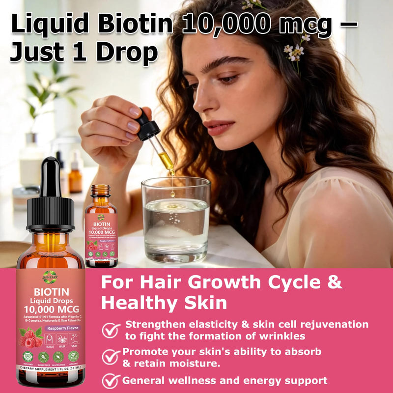 Pure Biotin 10000mcg Liquid Drop Hair Skin & Nails Vitamins Support | w. Biotin Collagen Keratin Hyaluronic Acid Saw Palmetto Bamboo, Biotin(Vitamin B7）Complex for Hair Growth & Cellular Energy