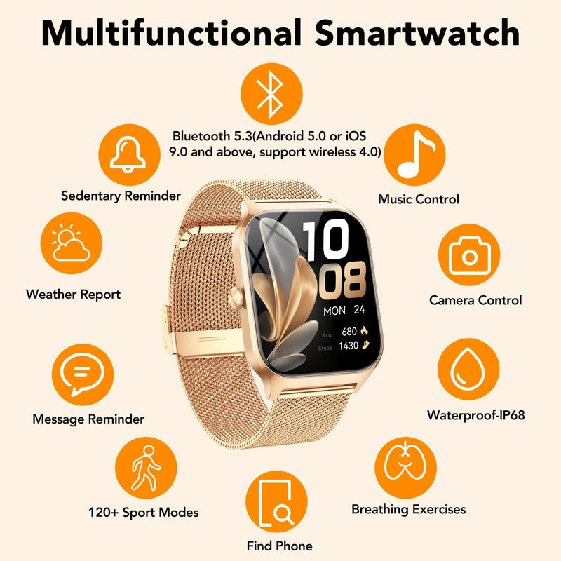 CASCHO Smart Watches for Women (Android/iOS), 1.85" HD Smart Watch with Calls/Messages/AI Voice Control, Sleep/Heart Rate Monitor,120+ Sports Modes Fitness Tracker Watch,Gold and Light Pink Rose gold and Light Pink - BeesActive Australia