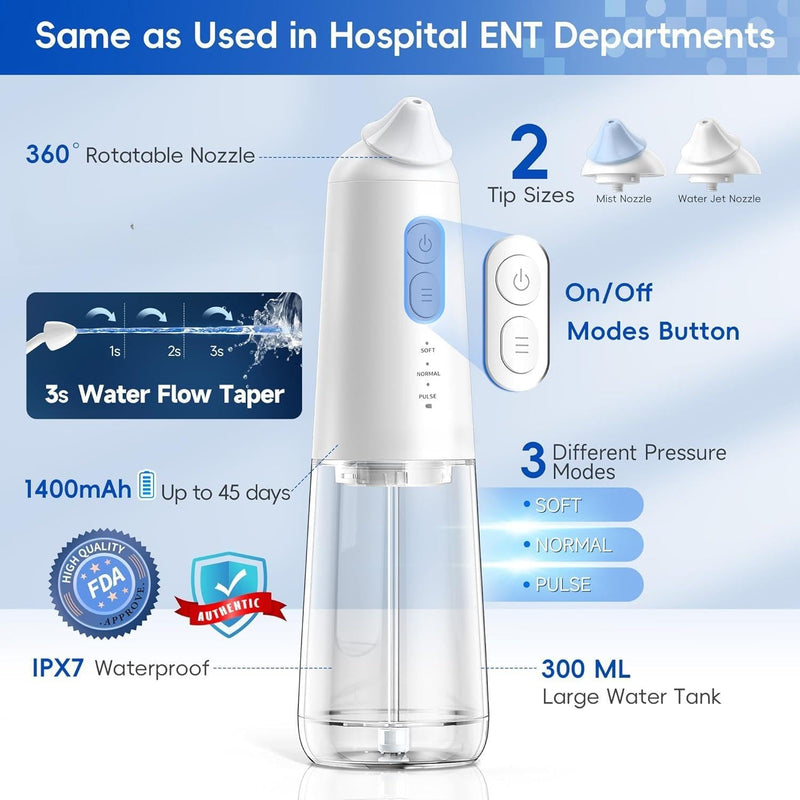 Neti Pot Sinus Rinse, Cordless Electric Nasal Irrigation System, Nose Cleaner,Nasal Rinse Bottle, Nasal Rinse Kit，3 Modes 2 Jet with 300ml, with 30 Wash Salt Packets for Adult & Kid