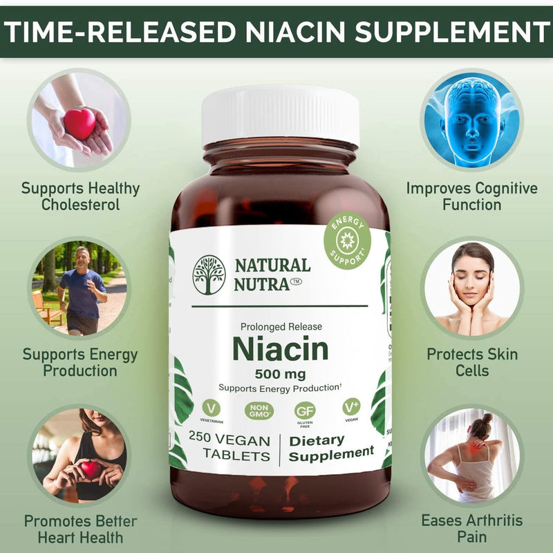 Natural Nutra Time-Release Slow Niacin 500mg Vitamin B3 250 Vegan Tablets | Supports Healthy Cholesterol, Promotes Cardiovascular Health, Promotes Skin Cells, Improves Cognitive Function 250 Count (Pack of 1)