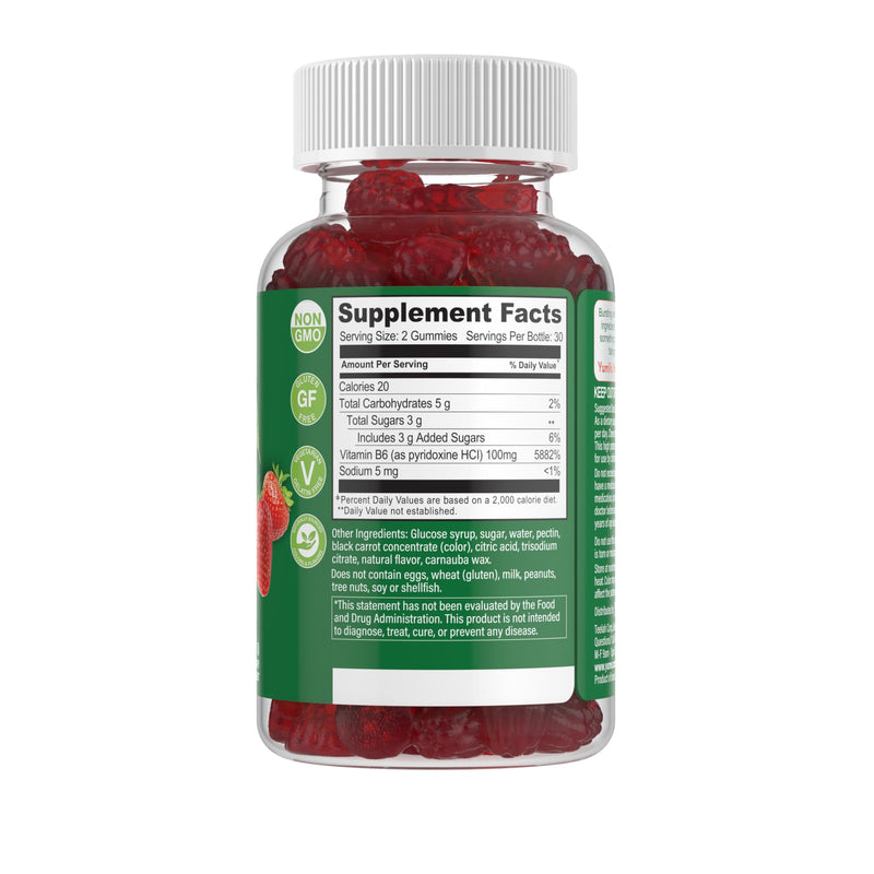 YUM-V'S Vitamin B6 Gummies - High Potency Vitamin B6 100mg - Strawberry Flavor B6 Vitamins Gummies - Nerve & Immune Function, Non GMO Kosher, 60 Count - 2 Pack