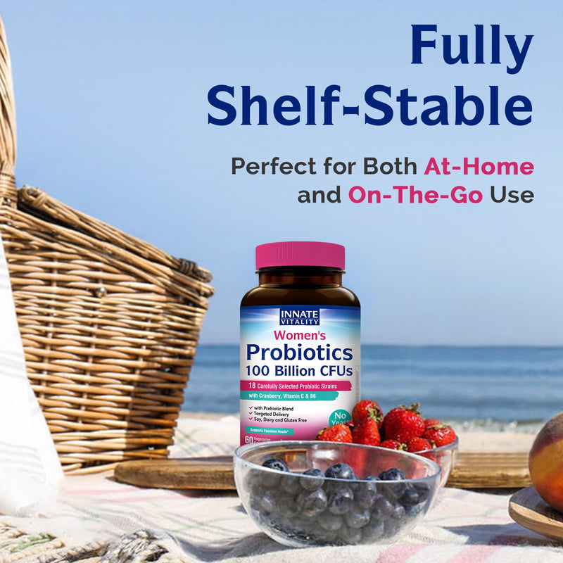 Innate Vitality Probiotics for Women, 100 Billion CFUs 18 Strains, Prebiotics and Probiotics, with Cranberry, Vitamin C & B6 P5P, Vaginal & Digestive Health, Non refrigerated, 60 Caps