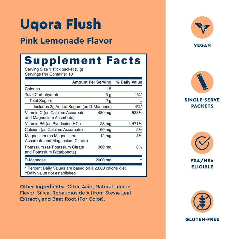 Uqora Flush, Urinary Tract Support, Pink Lemonade, 10 Packets | Urinary Tract Support* with D-Mannose, Vitamin C, B6, Potassium, Magnesium, and Calcium, Gluten-Free and Vegan 0.17 Ounce (Pack of 10)