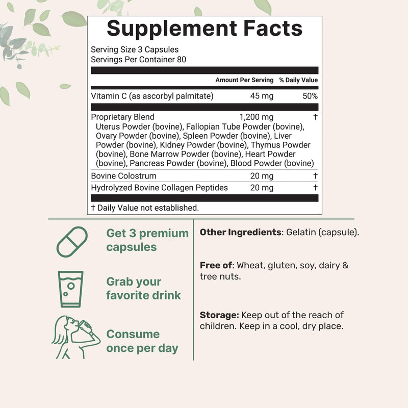 Micro Ingredients Grass‑Fed Beef Organ Supplement for Women – Bovine Beef Liver, Kidney, Heart & Uterus Tissue – 1,200 mg Organ Blend Plus Vitamin C, Colostrum & Collagen – 240 Capsules, No Fillers