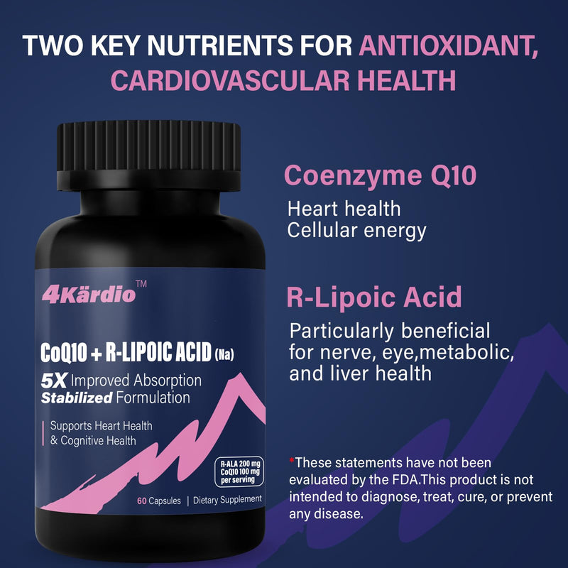 CoQ10 100mg + R-Lipoic Acid 200mg per Serving, 1 Month Supply, Up to 5X Improved Absorption, R-Lipoic Acid/CoQ10 Supplement for Heart Health and Cognitive Health-60 Capsules