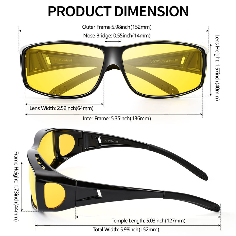 URUMQI Night Vision Driving Glasses Fit Over Glasses for Men Women, Anti Glare Polarized Nighttime Glasses HD Yellow Lens A08 Glossy Black Frame/Night Vision Lens - BeesActive Australia