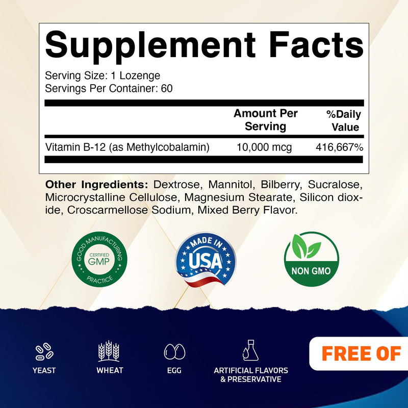 Vitamatic Methyl B-12 10,000 mcg, 60 Count Lozenges | Natural Berry Flavor, Superior Source of Vitamin B12 for Energy & Nerve Health*, Non GMO, Gluten Free, Made in USA 60 Count (Pack of 1)