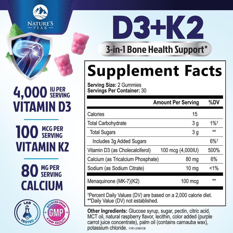 D3 K2 Gummies - 3X Strength Vitamin D3K2 Vitamins For Immune Support with Calcium - 2-in-1 Vitamins D & Vitamin K2 Mk-7 Supplement Complex, Easy to Swallow, Gluten Free, Non-Gmo - 60 Gummies