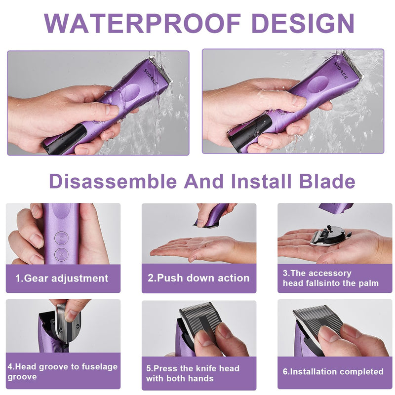 Professional Animal Pet Dog Cat and Horse Cordless Hair Clipper Grooming Kit with 5 in 1 Blade Low Noise & High Power Rechargeable Cordless Pet Grooming Clipper for Thick Heavy Coats -Purple Purple - BeesActive Australia