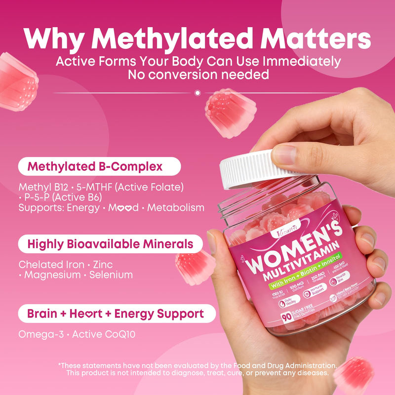 90 Count Womens Multivitamin Gummy, Methylated Multivitamin for Women with Iron, Biotin, Vitamins A, C, E, D3, K2 and B Complex for Beauty, Immune, Hair & Skin, Vegan, Sugar Free, Mixed Berry Flavor 90 Count (Pack of 1)