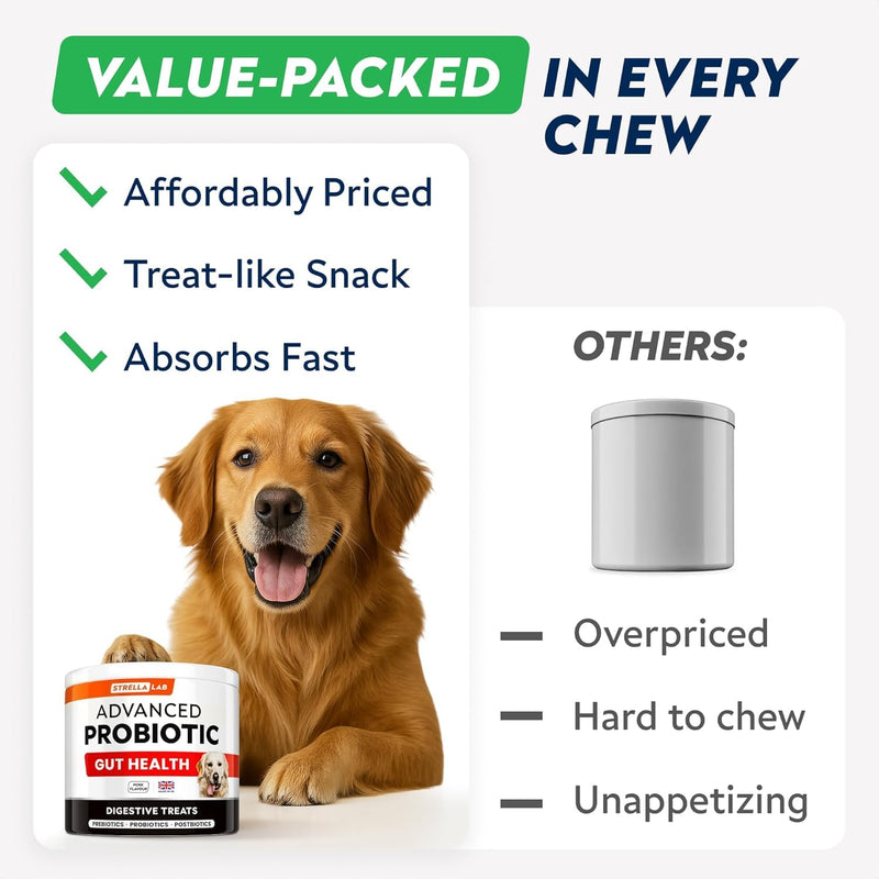 STRELLALAB Dog Probiotics for Gut Health & Digestive Enzymes Fiber Supplement - Anti Diarrhea, Constipation, Upset Stomach, Gas Relief - Digestion Treats Chews - 60 Chews Poulty