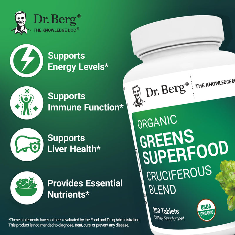 Dr. Berg's Greens Superfood Cruciferous Vegetable Tablets - Vegetable Supplements for Adults w/ 11 Phytonutrient Super Greens Tablets - Energy, Immune System & Liver Veggie Tablets - 250 Tablets Organic Greens Superfood (250 Tablets)