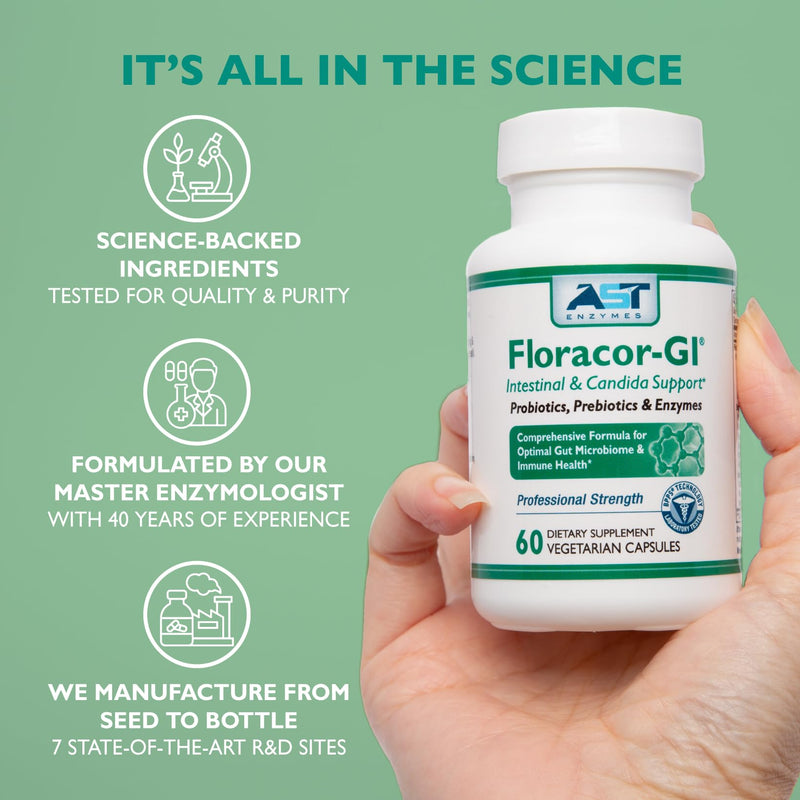 Floracor – Probiotics & Enzymes to Support Intestinal & Gut Heath –180 Vegetarian Capsules