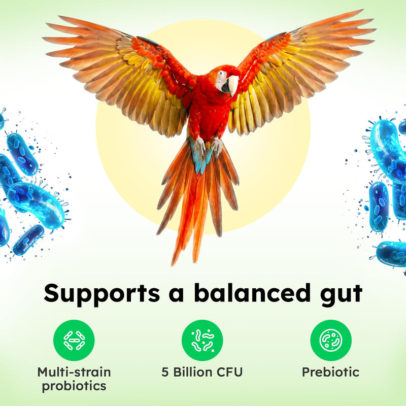 Avian Probiotics for Birds & Parrots – Digestive & Gut Health Support Powder with Prebiotics (FOS), 6-Strain Formula for Parrots & Pet Birds (120 Servings)