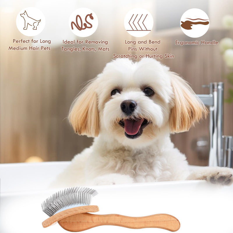 Dog Slicker Brush for Medium or Long Haired Dogs, Long Pin Slicker Brush for Removes Loose Hair, Tangles and Knots, Best Grooming Brush forl Small Animals, Large, Free Pet Comb, Wood - BeesActive Australia