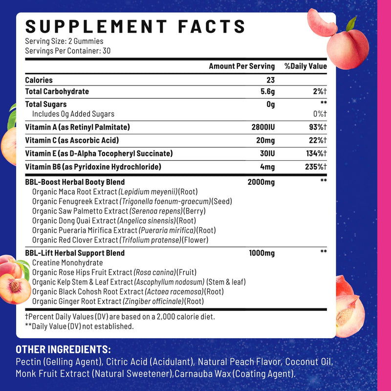 Jovariquethor Booty Gummies for Women - BBL Gummies with Multivitamins and Herbal Extracts - Peach Flavor - 120 Count 60 Count (Pack of 2)