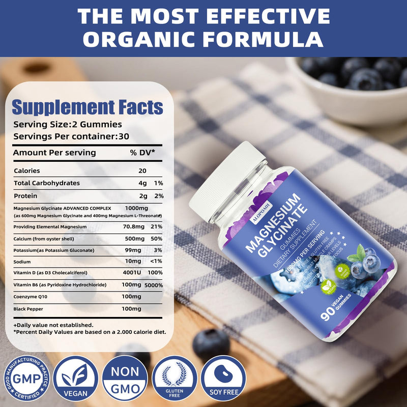 Magnesium Glycinate Gummies 1000mg, Non-GMO, Gluten-Free, Magnesium Supplement Gummies for Adults & Kids, Sleep, Relaxation & Focus, Blueberry Flavor, 90 Count
