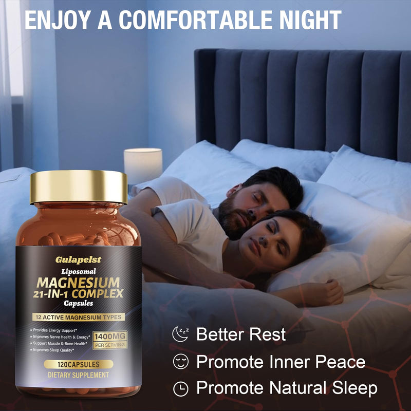 2 Packs Liposomal 1400mg Magnesium Complex (Citrate, Glycinate, Malate etc) Capsule - 12 Active Types Magnesium with Vitamin D3, B6, B12, C, Ashwagandha & CoQ10 for Women & Men -Support Bone & Muscle 120 Count (Pack of 2)