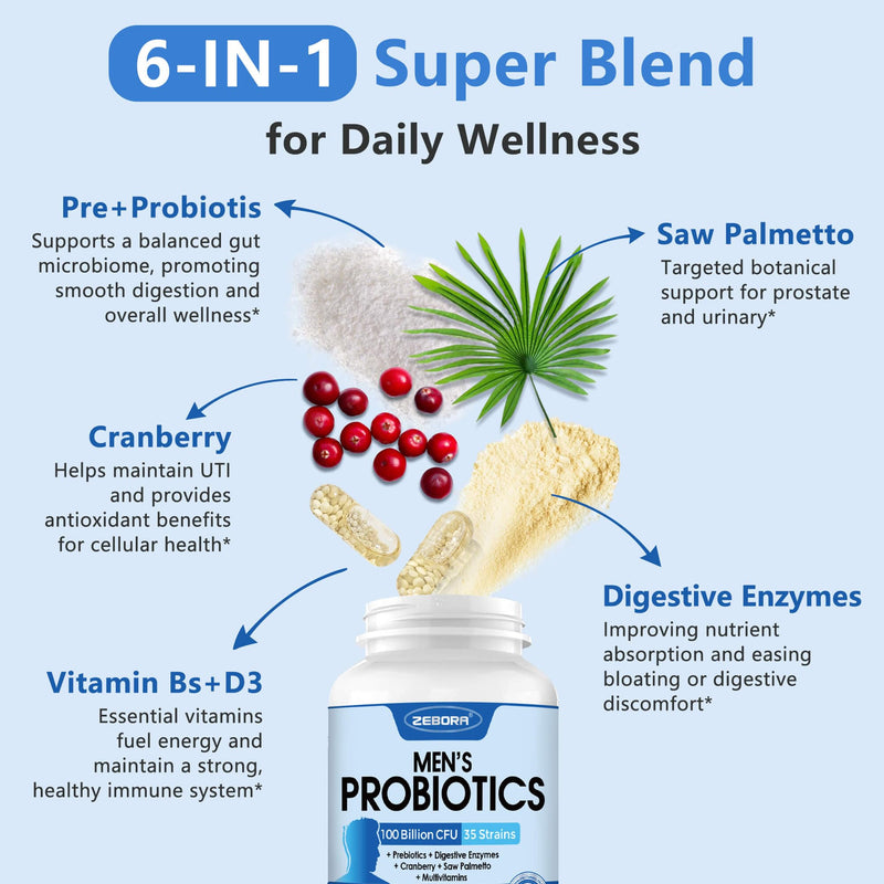 ZEBORA Probiotics for Men, Gut Health, 100 Billion CFU, 180 Capsules | With Prebiotics, Enzymes, Saw Palmetto, and Cranberry, Daily Mens Probiotic Supplement for Digestive and Gut Health 180 Count (Pack of 1)