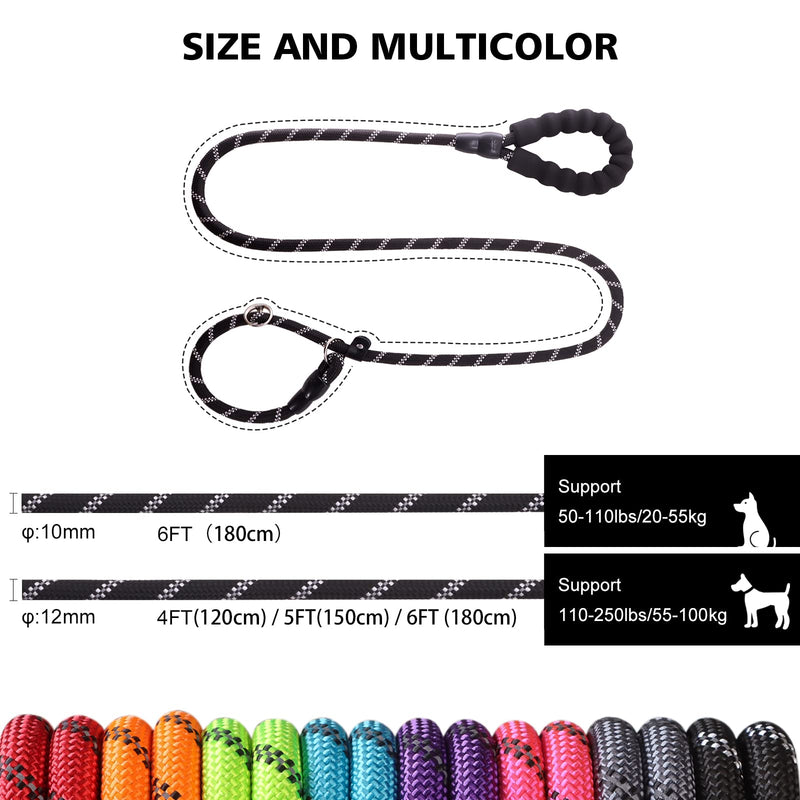 Slip Leads Dog Leash - 4/5/6 FT Slip Leash with Comfortable Handle - Reflective & Heavy Duty Rope Training Leash (1/2''- 4FT, Black) 1/2''- 4FT - BeesActive Australia