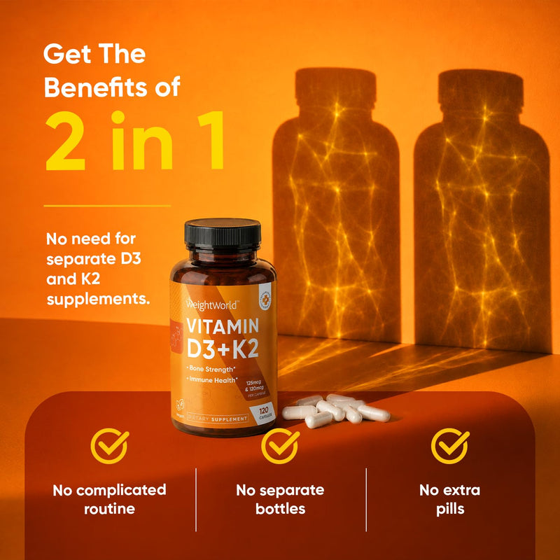 WeightWorld Vitamin D3 K2 5000IU Capsules for Bone Strength, Teeth, Immune Health & Maximum Calcium Absorption - 120 Ct - K2 D3 Vitamin Supplements - Vegan D3 and K2 Supplements, Non-GMO, Gluten-Free Vitamin D3K2 5000IU capsules