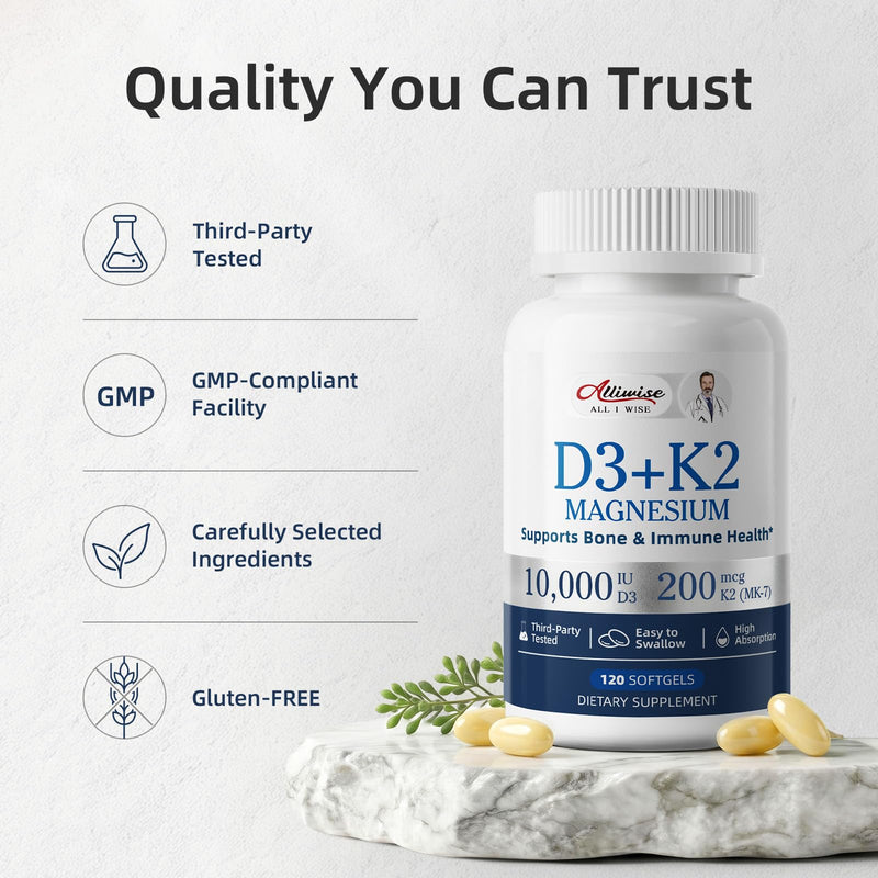 Alliwise D3 K2 Vitamin 10000 IU with Magnesium Complex Softgels, 240 Count | D3 K2 Magnesium Complex + 200mcg K2 MK-7 - High Potency Supports Calcium, Immune & Sleep Health,Gluten-Free 240 Count (Pack of 1)