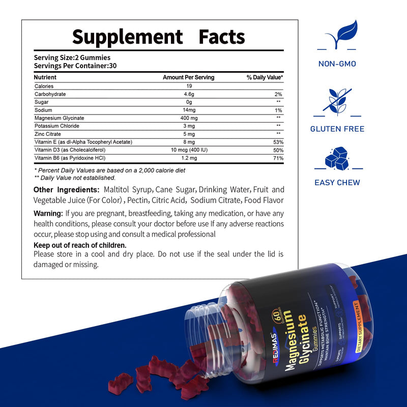 Magnesium Glycinate Gummies 400mg, Vegan Blueberry Flavor, 60 Count | Chewable Magnesium Supplement with Vitamin B6、D3 & E, Sleep & Relaxation Support, Convenient Gummy Format for Adults