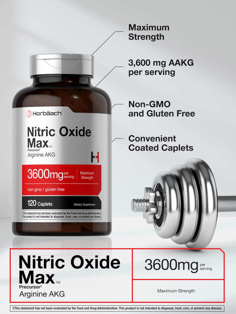 Horb√§ach Nitric Oxide Max 3600mg | 120 Caplets | with Arginine AAKG for Men and Women | Vegetarian, Non-GMO, & Gluten Free Pre Workout Supplement