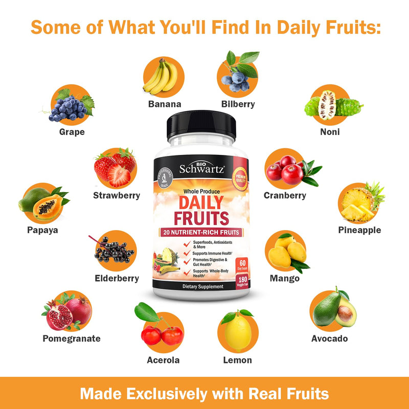 Daily Fruits and Vegetables Supplement - Super Fruit and Veggies Capsules | Supports Energy Gut Health and Immune Support with 47 Whole Food Fruits and Veggies - 180 Veggie Capsules (2-Pack) 180 Count (Pack of 2)