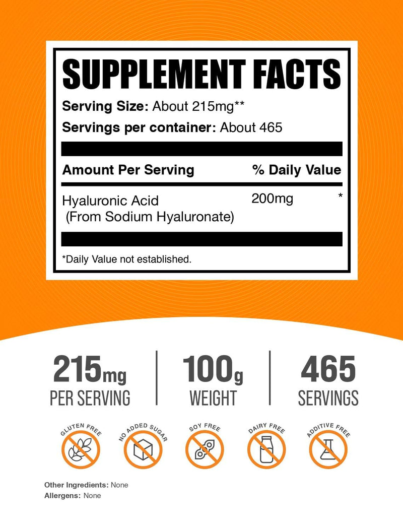 BulkSupplements.com Hyaluronic Acid Powder - as Sodium Hyaluronate, Hyaluronic Acid Supplements - Food Grade, Gluten Free - 215mg per Serving, 100g (3.5 oz) (Pack of 1) 3.5 Ounce (Pack of 1)