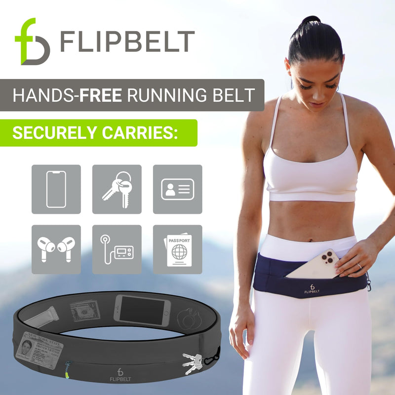 FlipBelt Zipper Running Belt, Waist Pack for Fitness and Running Fanny Pack for Women Men Phone Keys Money US Company - [Carbon] - [Medium]