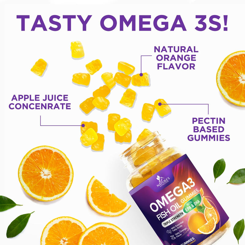 Omega 3 Fish Oil Gummies - 3X Strength Heart Health Support, High Absorption Omega 3 Fish Oil Gummy Supplement with DHA & EPA, Joint & Brain Support for Adults, Delicious Orange Flavor- 60 Gummies 60 Count (Pack of 1)