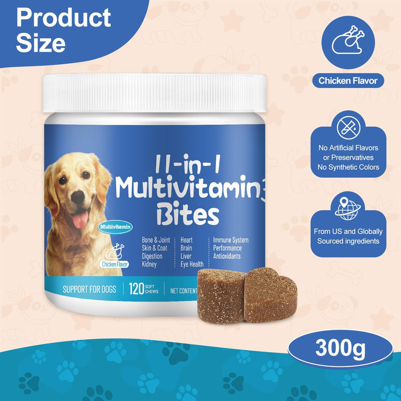 11-in-1 Dog Multivitamin Supplement with Glucosamine - 120 Soft Chews - Hip & Joint, Pet Immune Support, Heart, Skin & Coat, Digestion - Senior & Puppy Multivitamin for Dogs